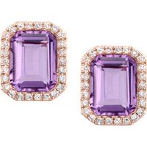 Diamant L’Eternel Womens 9ct Rose Gold Diamond and Amethyst Rectangular Cut Stud Earrings – One Size