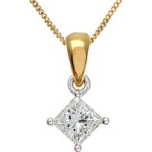 Diamant L’Eternel Womens 18ct Yellow Gold 3/4 Carat J/I Certified Princess Cut Diamond Solitare Pendant + Chain – One Size