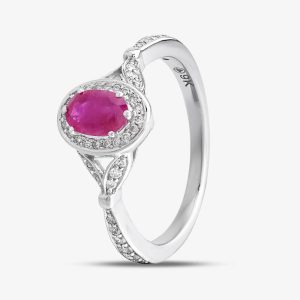 9ct White Gold Oval Cut Ruby & Brilliant Cut Diamond Shoulder Set Halo Ring 30978/70-10 N