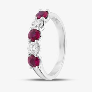 Platinum Silver 0.82ct Brilliant Cut Ruby & 0.40ct Diamond Five Stone Ring 32707K1