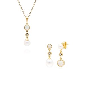 Trendy Pearl, Topaz & Opal Pendant & Earring Set in Gold Plated Silver