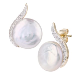 Diamant L’Eternel Womens 9ct Yellow Gold, 0.01ct Diamonds with White Cultured pearl Earrings – One Size
