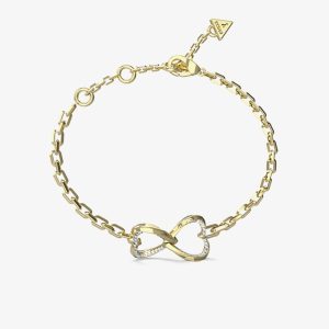 Guess Mon Amour Gold Tone Crystal Two Heart Link Bracelet UBB04618YGL