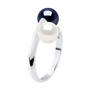 Ateliers Saint Germain Womens Ring You & Me – 2 Real Cultured Freshwater Pearls Round 6-7 mm – Quality AAA – White Silver – One Size
