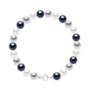 Ateliers Saint Germain Womens Bracelet of Real Cultured Freshwater Pearls Round 6-7 mm – White/Grey Silver – One Size