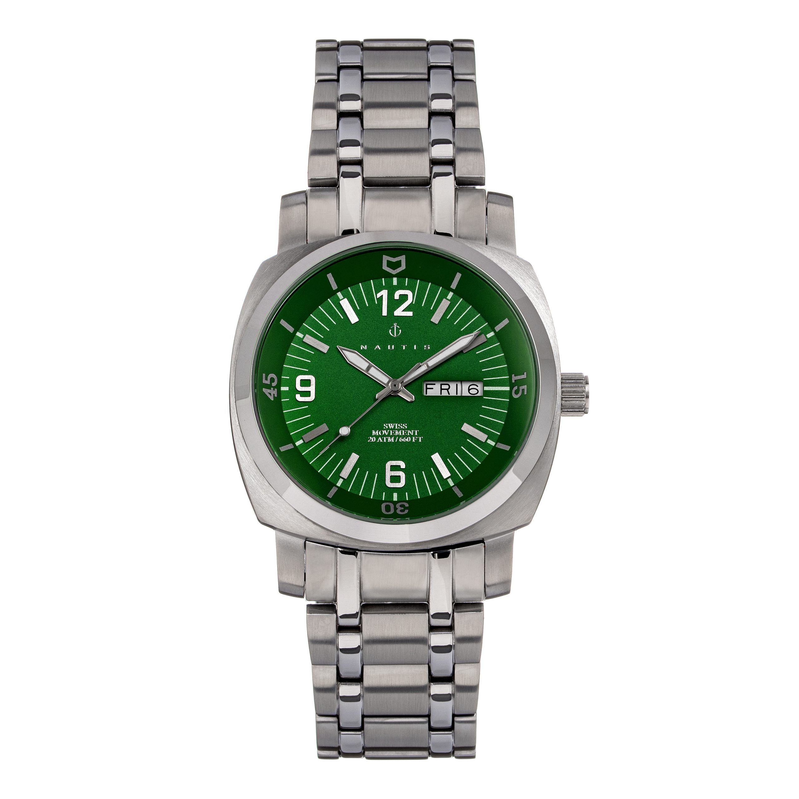 Nautis Mens Stealth Bracelet Watch w/Day/Date - Green Stainless Steel - One Size