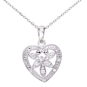 Diamant L’Eternel Womens Ladies 9ct White Gold Diamond Flower Heart Pendant + 18″ Trace Chain – One Size