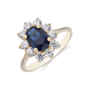 9ct Yellow Gold Oval Lower Colored Cubic Zirconia Flower Cluster Ring