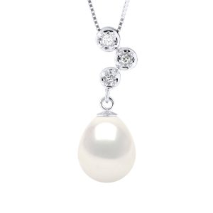 Ateliers Saint Germain Womens Necklace Jewelry Diamonds 0,06 Cts – Quality HSI White Gold and Real Cultured Freshwater Pearl Pear 9-10 mm – One Size