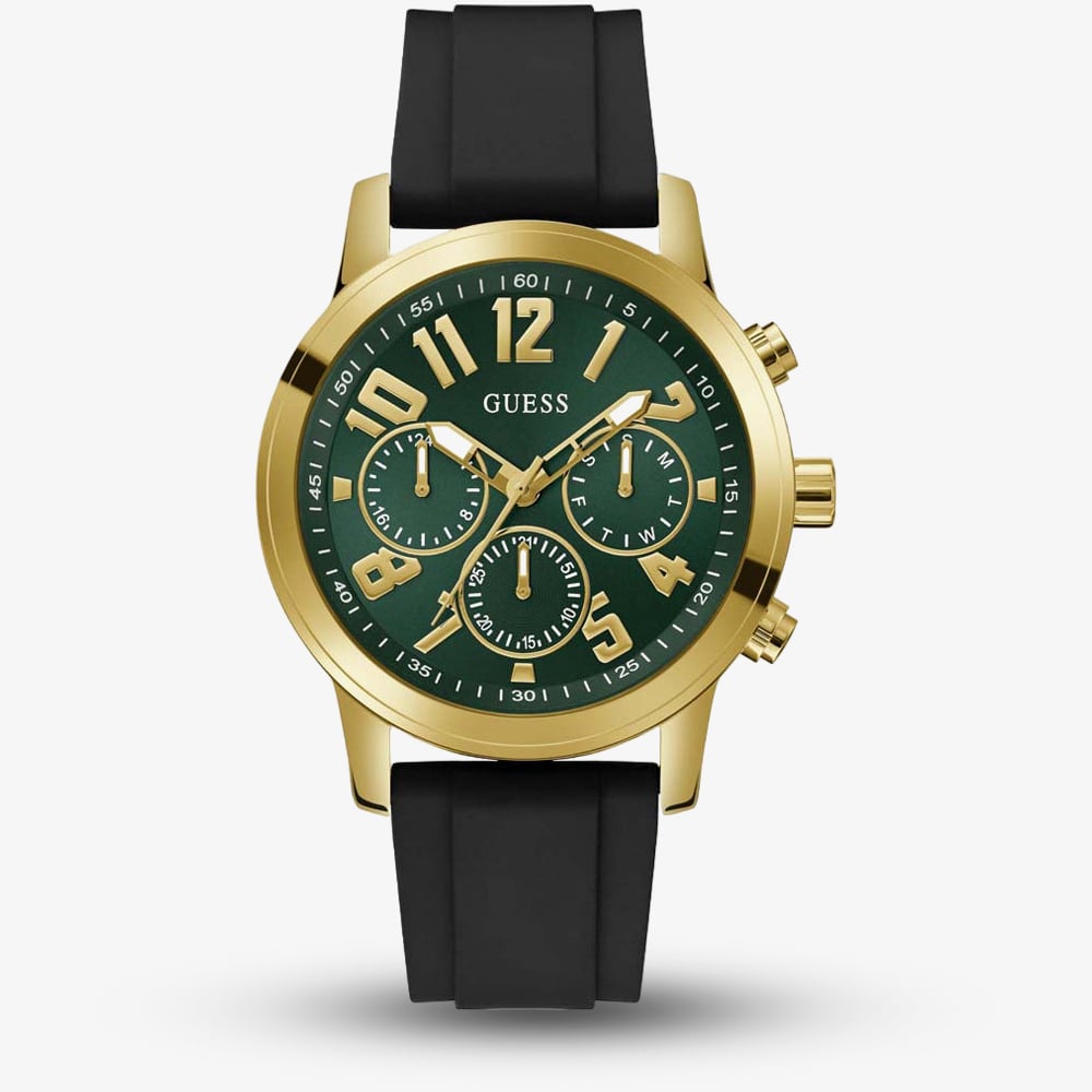 Guess Mens Parker Gold Tone Black Rubber Strap Watch GW0708G2