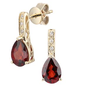 Diamant L’Eternel Womens 9ct Yellow Gold Diamond and Garnet Gemstone Teardrop Cut Drop Earrings – One Size