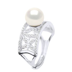 Ateliers Saint Germain Womens Ring Jewelry – Real Cultured Freshwater Pearl Round 8-9 mm – White Silver – One Size