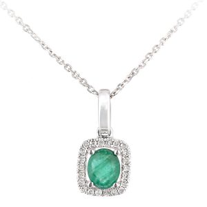 Diamant L’Eternel Womens 9ct White Gold Emerald and Diamond Oval Gemstone Pendant Necklace – Size P 1/2