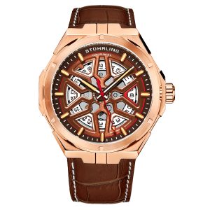 Stührling Mens Brown Gio Swiss Automatic 44mm Skeleton – Rose – One Size