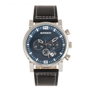 Breed Mens Ryker Chronograph Leather-Band Watch w/Date – Blue Stainless Steel – One Size