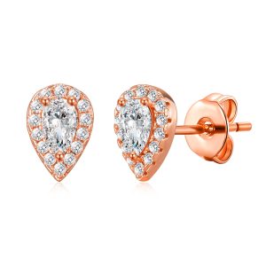 Rose Gold Plated Pear Halo Earrings Created with Zircondia® Crystals