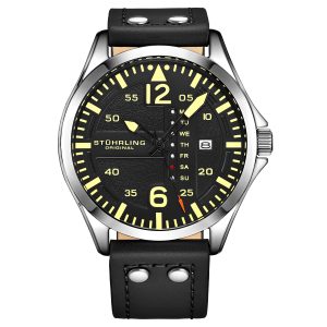 Stührling Mens Black Aviator Quartz 44mm – Silver – One Size