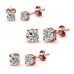 3 Pack of Rose Gold Plated 4mm, 5mm & 6mm Earrings Created with Zircondia® Crystals
