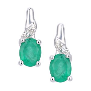 Diamant L’Eternel Womens 9ct White Gold Emerald and Diamond Oval Gemstone Drop Earrings – One Size