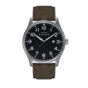 Elevon Mens Crosswind Canvas-Overlaid Leather-Band Watch w/ Date – Olive Metal – One Size