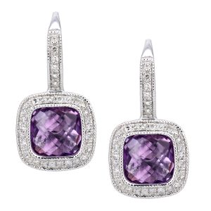 Diamant L’Eternel Womens 9ct White Gold Diamond and Amethyst Square Hoop Earrings – One Size