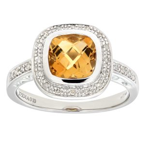 Diamant L’Eternel Womens 9ct White Gold Cushion Shaped Citrine And Diamond Ring – Size P