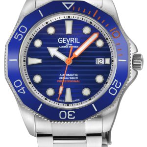 Gevril Mens Pier 90 Swiss Automatic Sellita SW200 Ceramic inlay in Blue, Bright Dial, SS Satin and Polished Bracelet Watch – Silver – One Size