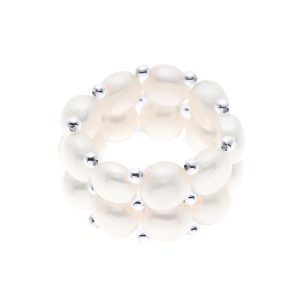 Ateliers Saint Germain Womens Ring 2 Rows – Hand Made – of Real Freshwater Pearls – COLOR NATURAL WHITE – 4 mm Silver – One Size
