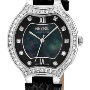 Gevril WoMens Lugano Swiss Diamond Black MOP Dial Genuine Italian Handmade Leather Watch – One Size