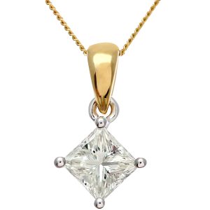 Diamant L’Eternel Womens 18ct Yellow Gold 1 Carat J/I Certified Princess Cut Diamond Solitare Pendant + Chain – One Size