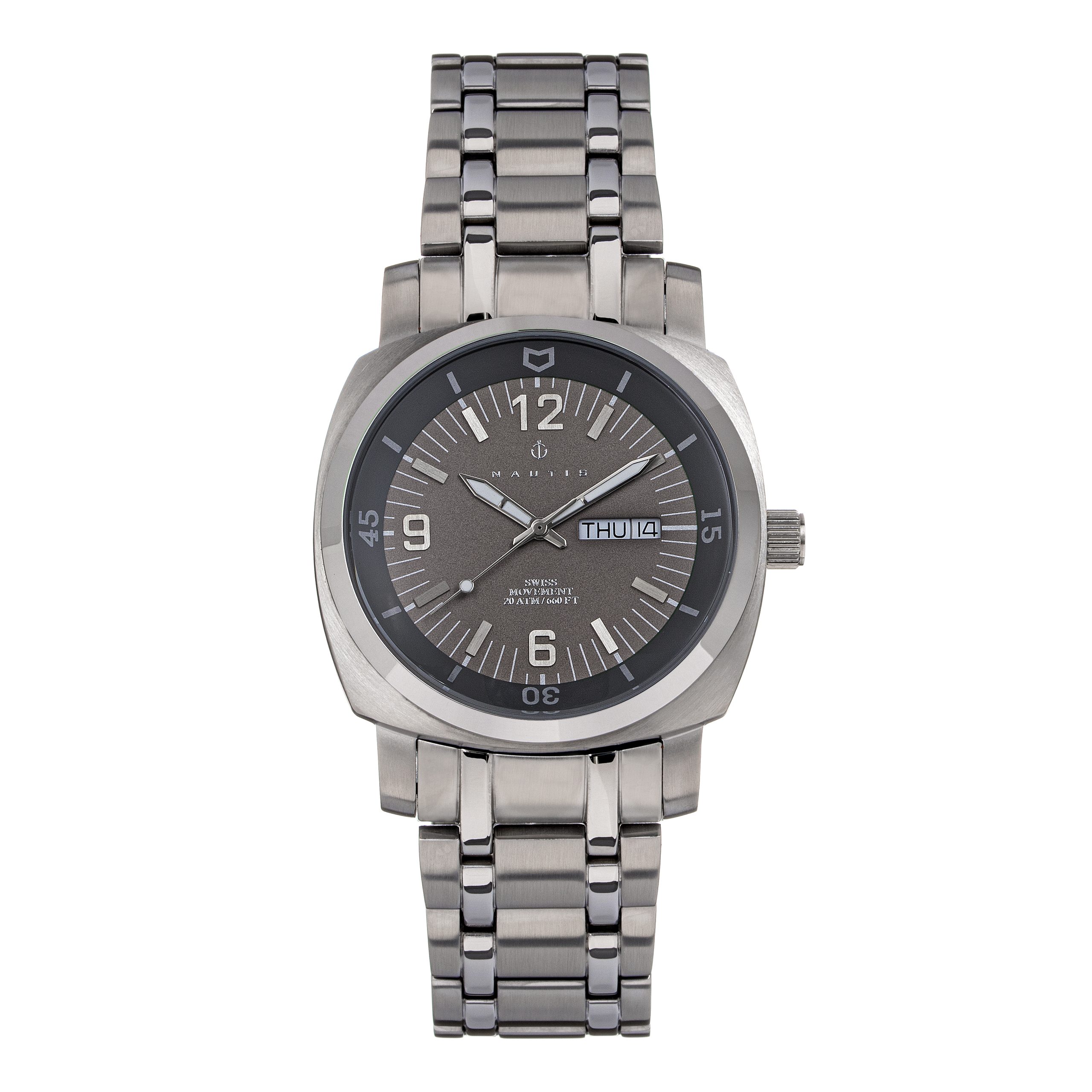 Nautis Mens Stealth Bracelet Watch w/Day/Date - Grey Stainless Steel - One Size