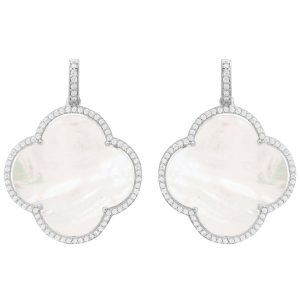 Latelita Womens Open Clover Large Mother Of Pearl Gemstone Earrings Silver – White Sterling Silver – One Size