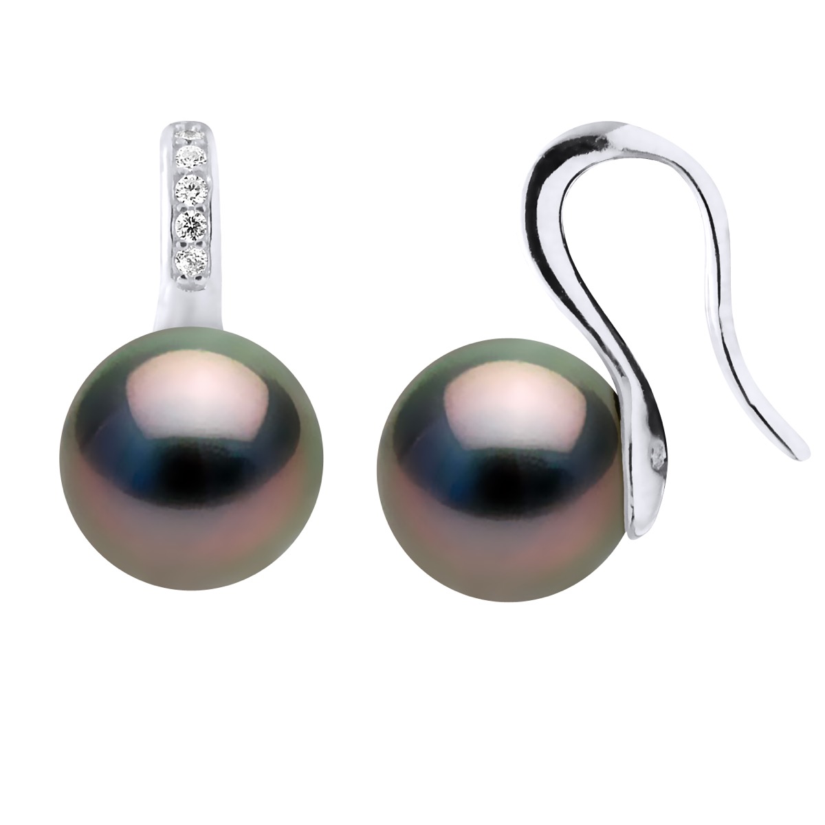 Ateliers Saint Germain Womens Earrings Real Cultured Tahiti Pearls Round 9-10 mm - Black Silver - One Size
