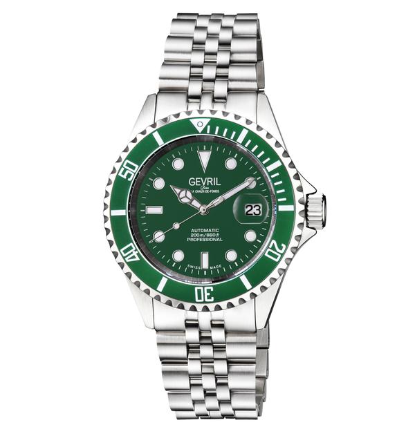 Gevril Mens Wall Boulevard Swiss automaitc Sellita SW200 Inexperienced Emerald Dial, Ceramic Bezel Stainless Metal Bracelet - Silver - One Dimension