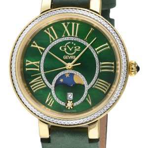 Gv2 WoMens Genoa SS IP Gold Case, Green MOP Dial, Authentic Handmade Ion Suede Leather Strap – One Size