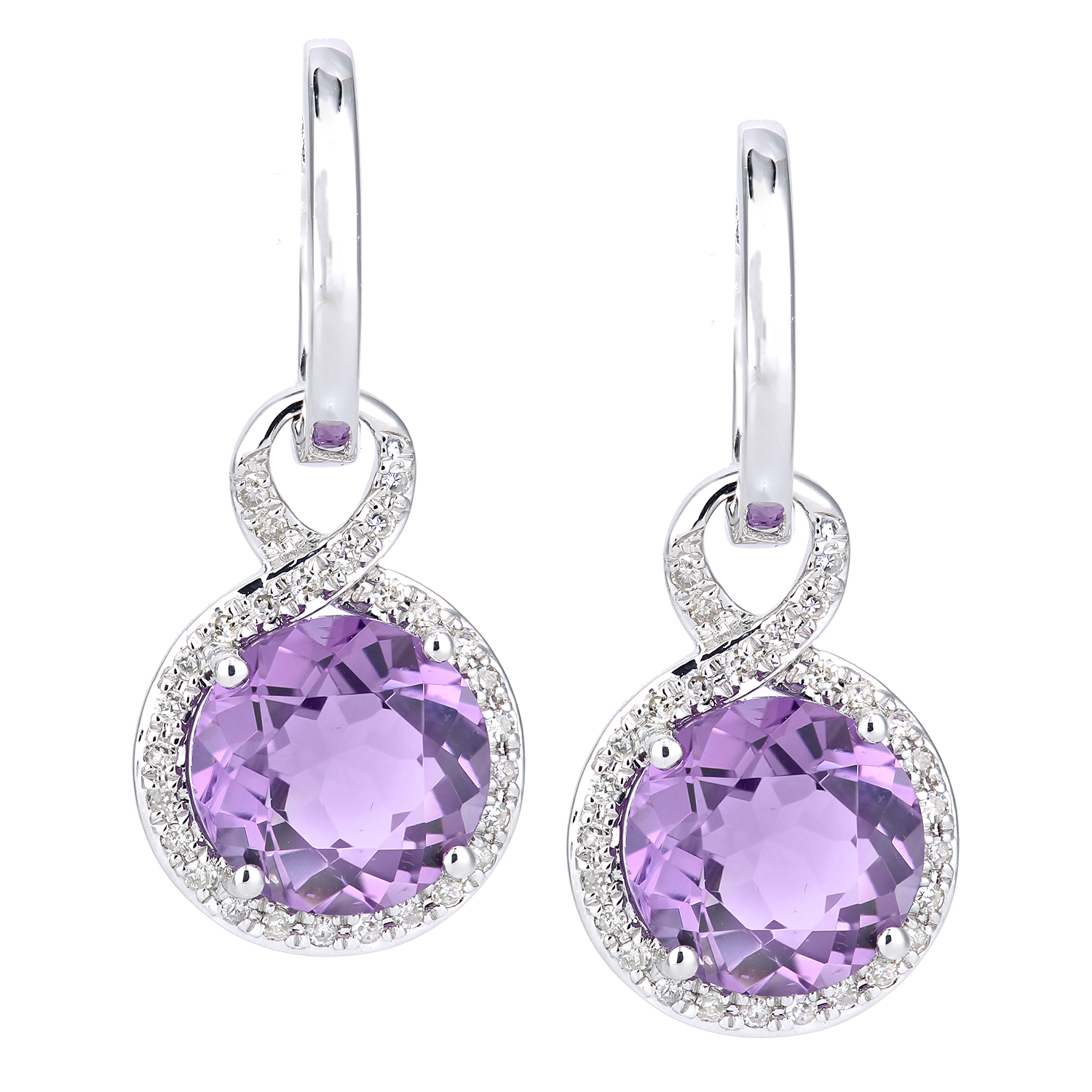 Diamant L'Eternel Womens 9ct White Gold Diamond and Amethyst Dangle and Drop Hoop Earrings - One Size