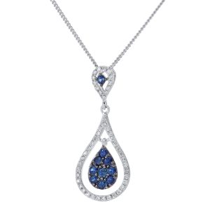 Diamant L’Eternel Womens 18ct White Gold Teardrop 0.30ct Sapphire and Diamond Pendant with Chain of 46cm – Size P 1/2