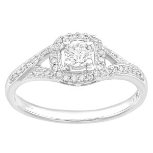 Diamant L’Eternel Womens 18ct White Gold Square Halo 0.40ct Diamond Crossover Shoulder Engagement Ring – Size K