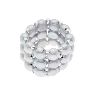 Ateliers Saint Germain Womens Ring 3 Rows – Hand Made – of Real Freshwater Pearls – Grey Silver – One Size