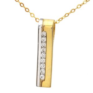 Diamant L’Eternel Womens 9ct Yellow and White Gold Channel Set Cubic Zirconia Stick Pendant and Chain of 46cm – One Size