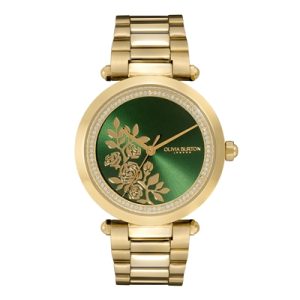 Olivia Burton Signature T-bar Floral Gold + Inexperienced Bracelet Watch