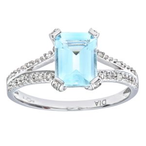Diamant L’Eternel Womens 9ct White Gold Emerald Cut Aquamarine Ring With Diamond Shoulders – Size J