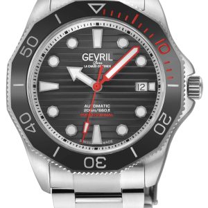 Gevril Mens Pier 90 Swiss Automatic Sellita SW200, Black Dial, SS Satin and Polished Bracelet Watch – Silver – One Size