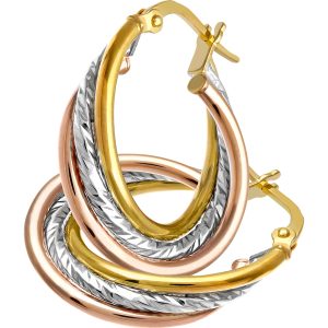 Diamant L’Eternel Womens 9ct 3 Colour Gold Diamond Cut Crossover Hoop Earrings of 15mm Diameter – Multicolour – One Size