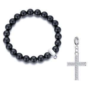 Black Onyx Gemstone Stretch Bracelet with Appeal Created with Zircondia® Crystals