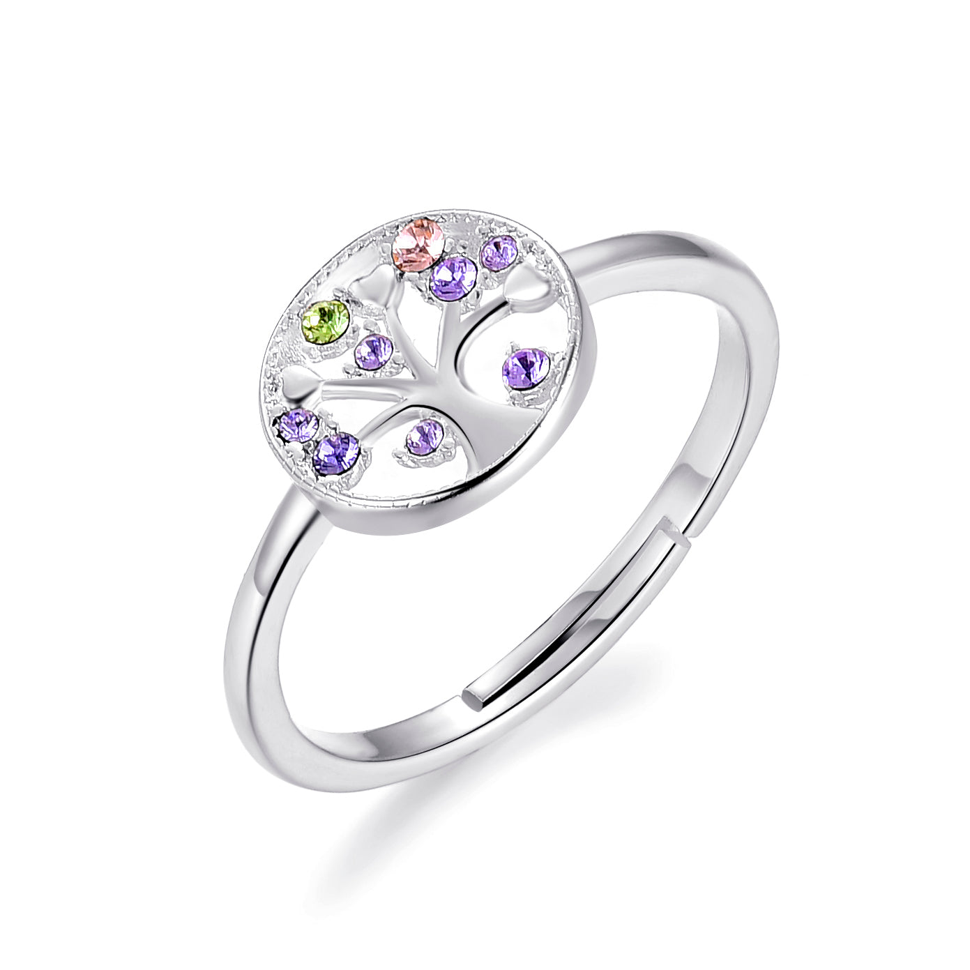 Silver Plated Chakra Tree of Existence Ring Created with Zircondia® Crystals