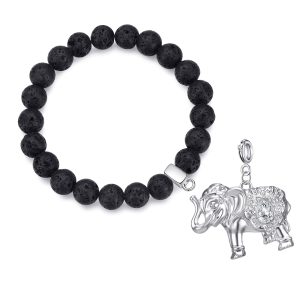 Lava Rock Gemstone Stretch Bracelet with Charm Created with Zircondia® Crystals