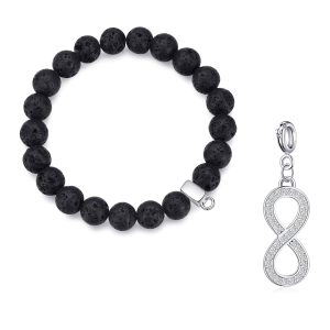 Lava Rock Gemstone Stretch Bracelet with Charm Created with Zircondia® Crystals