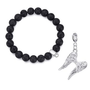 Lava Rock Gemstone Stretch Bracelet with Charm Created with Zircondia® Crystals