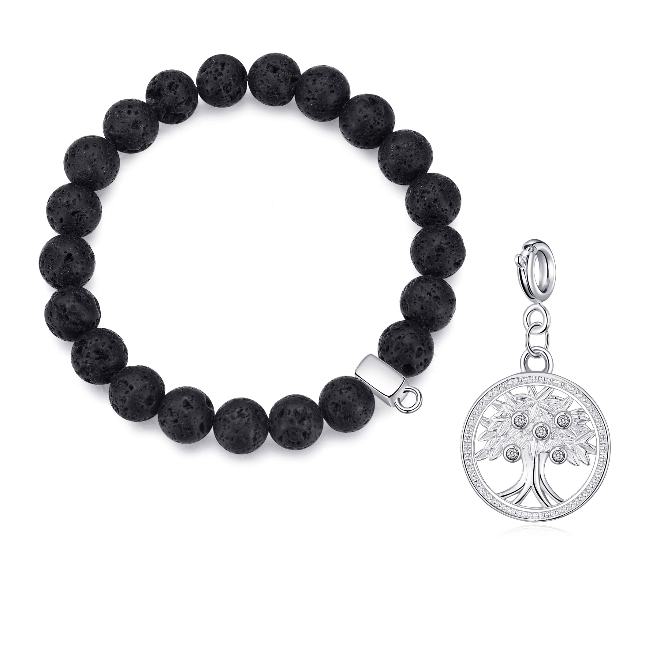 Lava Rock Gemstone Stretch Bracelet with Charm Created with Zircondia® Crystals